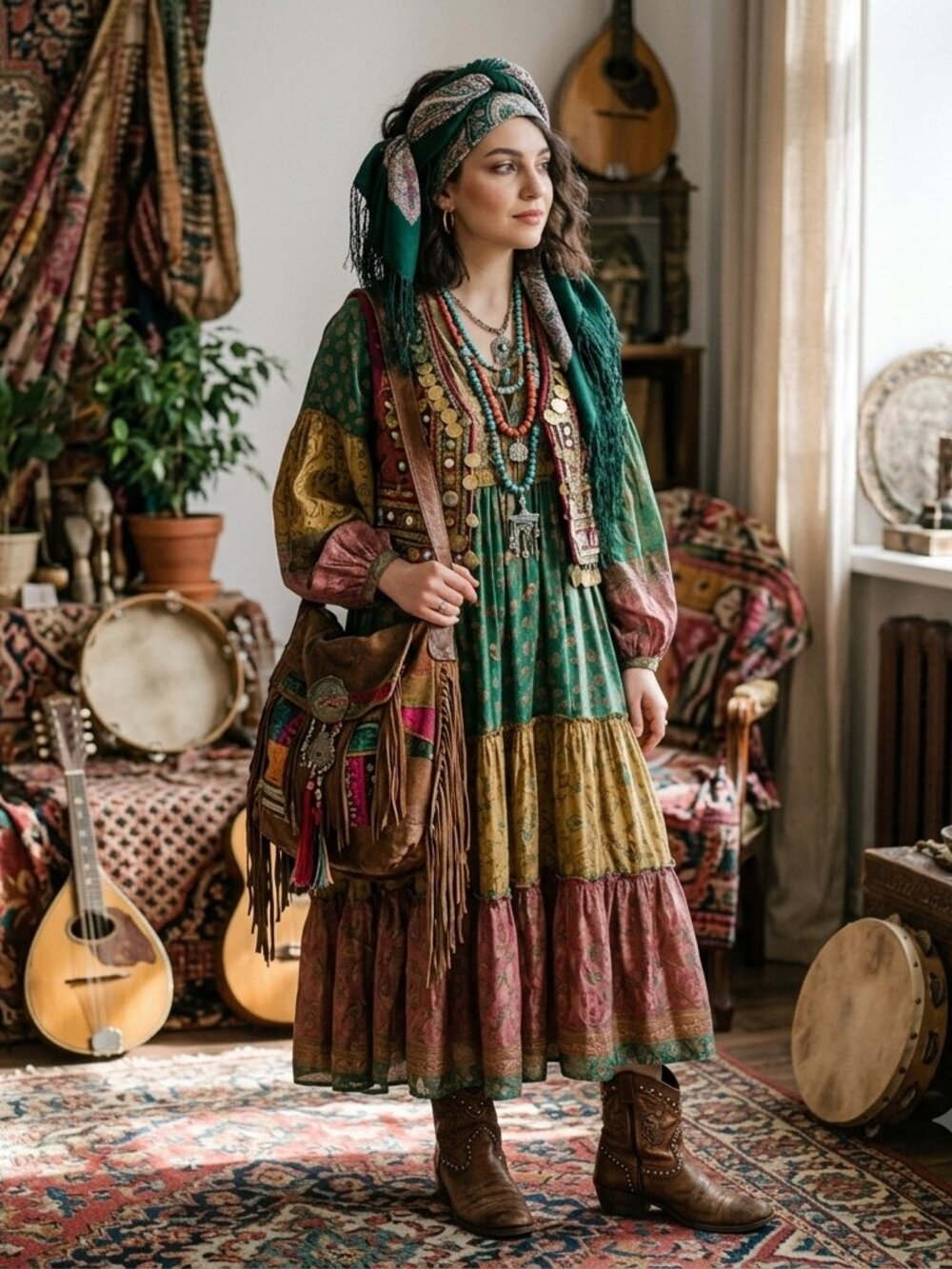 Pavlovo Posad Style 100% Wool Fringe Scarf Slavic Floral Paisley Green